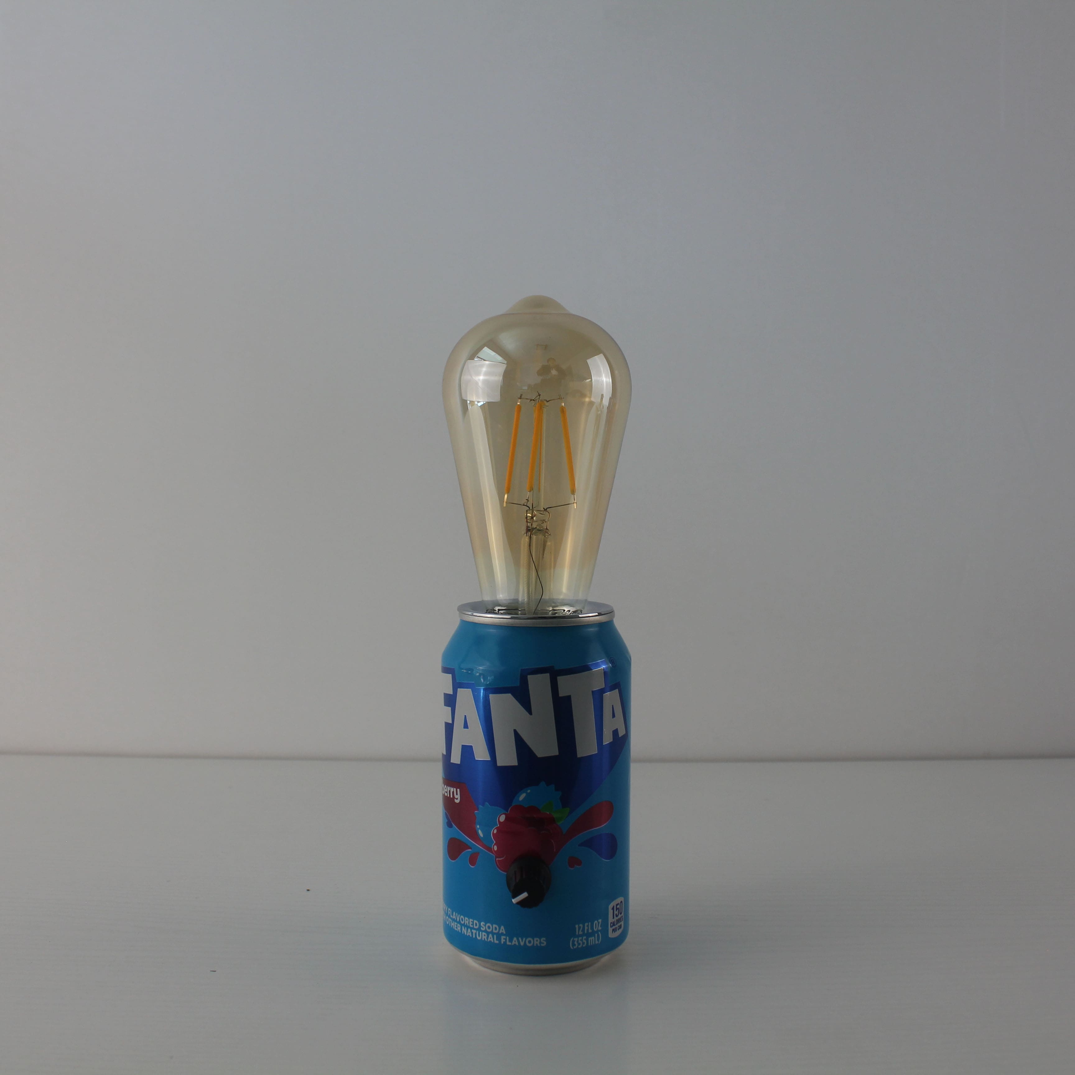 upcycled fanta soda pop can battery edison bulb table lamp