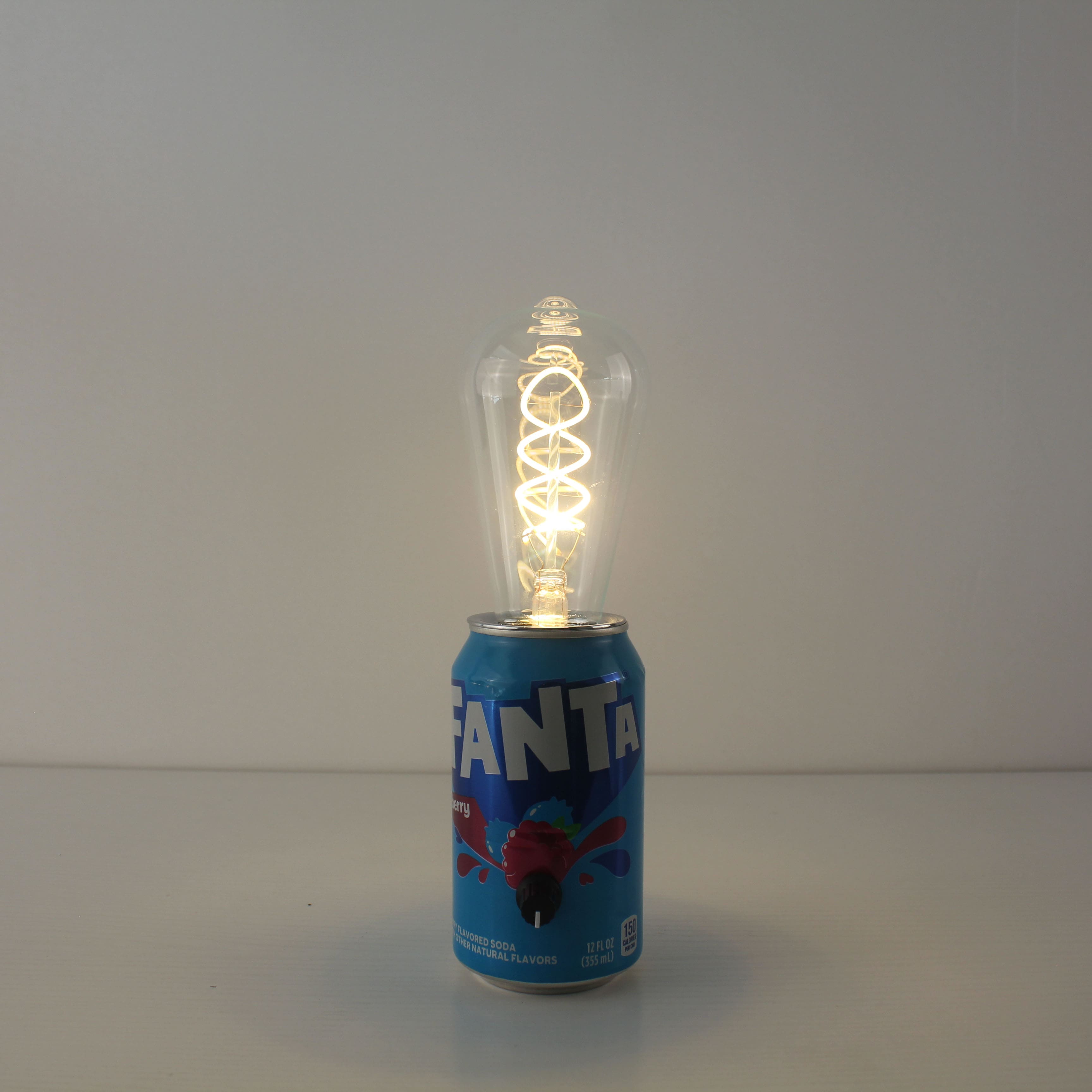 upcycled fanta soda pop can battery powered edison bulb table lamp
